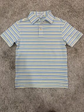 Peter Millar Boys' Blue and Yellow Striped Polo Shirt. Size XS (5/6)
